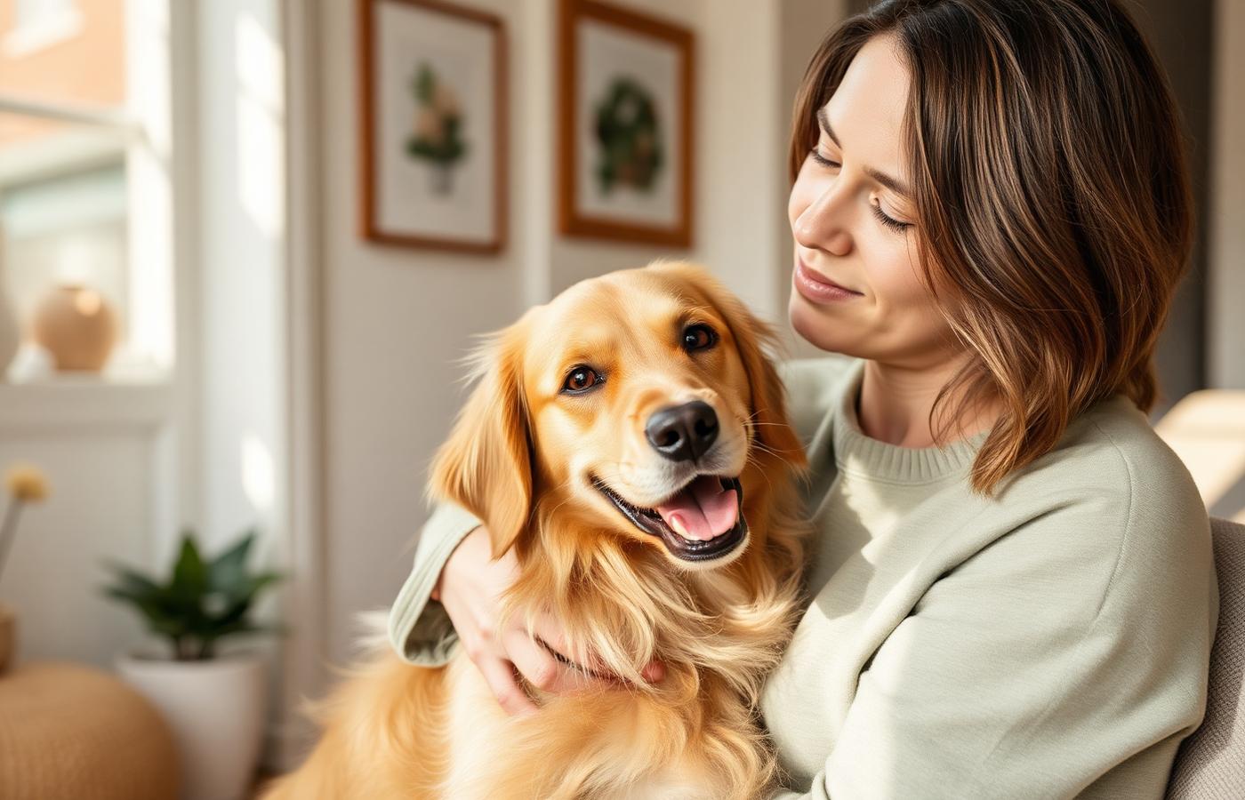 Une dog parent câline son golden retriever à la maison